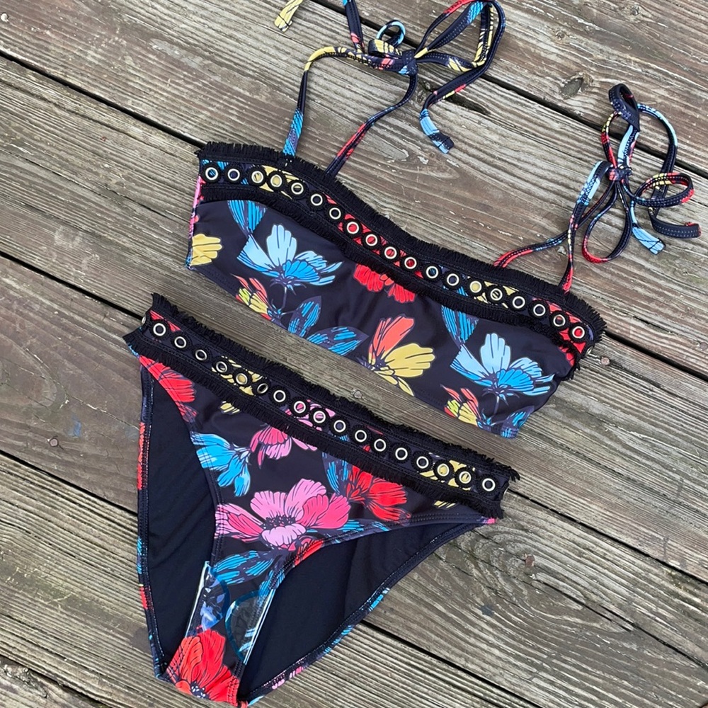 ASOS Floral Grommet Fringe Trim Bikini